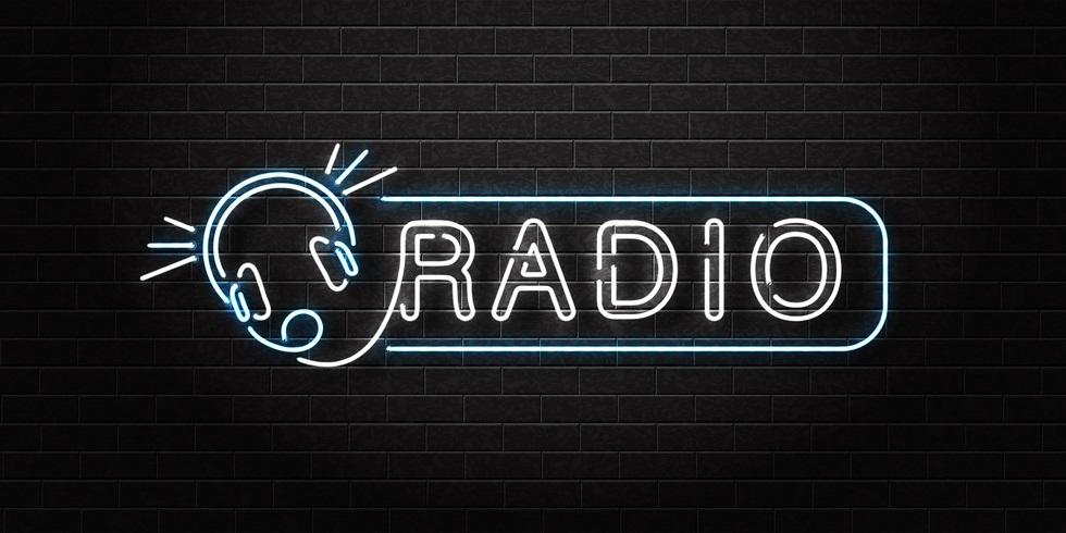 Vector realistic isolated neon sign of Radio logo with headset for decoration and covering on the wall background. Concept of on air, broadcasting and dj.