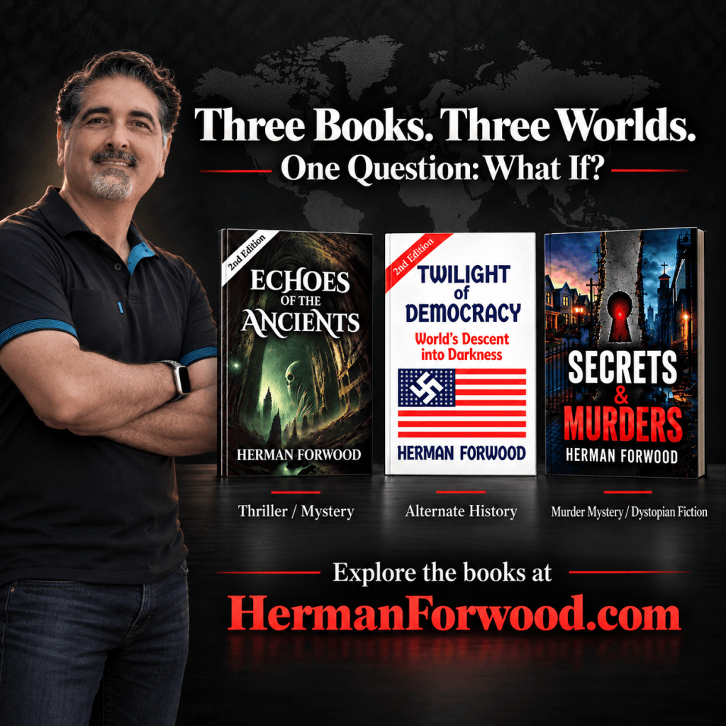 A promotional image featuring author Herman Forwood beside three book covers: 'Echoes of the Ancients,' 'Twilight of Democracy,' and 'Secrets & Murders.' Each book represents different genres: thriller/mystery, alternate history, and murder mystery/dystopian fiction. The background has a dark map design, and the text encourages exploring the books at HermanForwood.com.